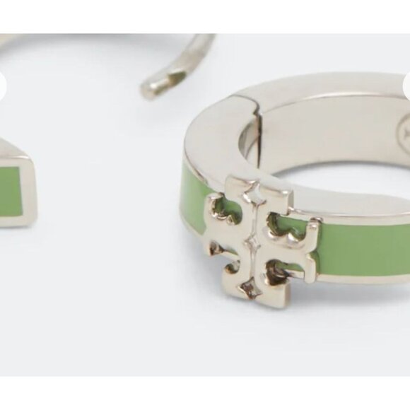 Tory Burch Kira Silver and Green Enamel Huggie Earrings - Picture 3 of 4